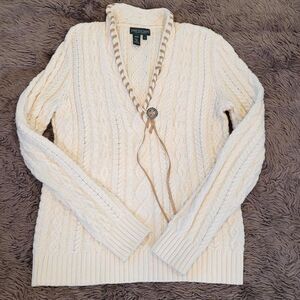 Ralph Lauren Size S Cream Cable Knit Sweater Equestrian Country Western Braided